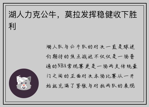湖人力克公牛，莫拉发挥稳健收下胜利