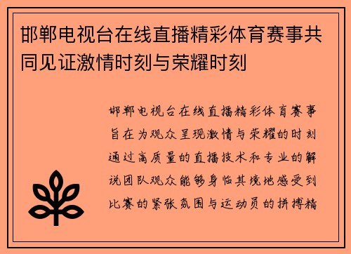 邯郸电视台在线直播精彩体育赛事共同见证激情时刻与荣耀时刻